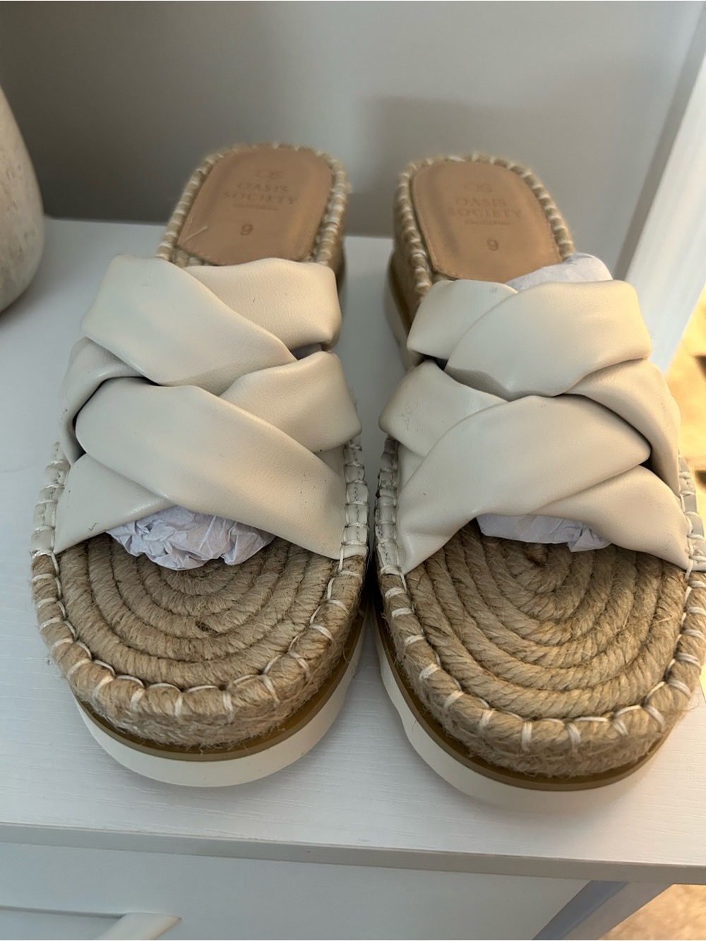 Braided Leather Espadrille Slide Sandals - Cream
